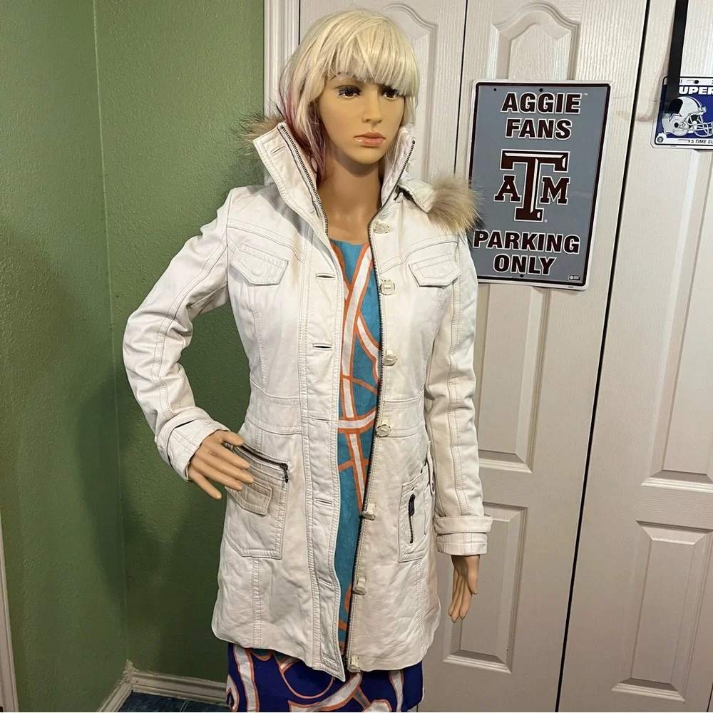Miss Top Gun Long leather bomber jacket fur lined hooded pinup girl lined size s - Picture 2 of 12